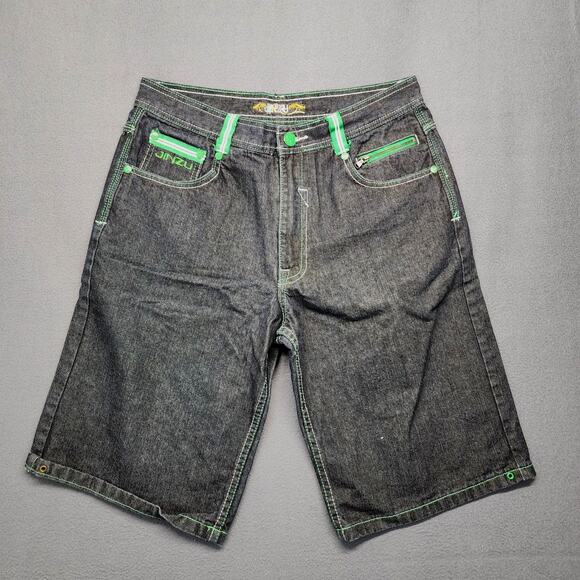 Jinzu Shorts Men 32x13 Jorts Denim Jean Dark Wash Blue Green Trim Y2K Tagged 34 - Picture 1 of 11